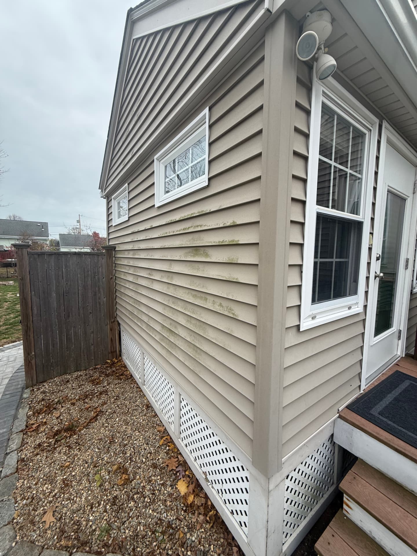Green algae growth spreading across tan siding before washing