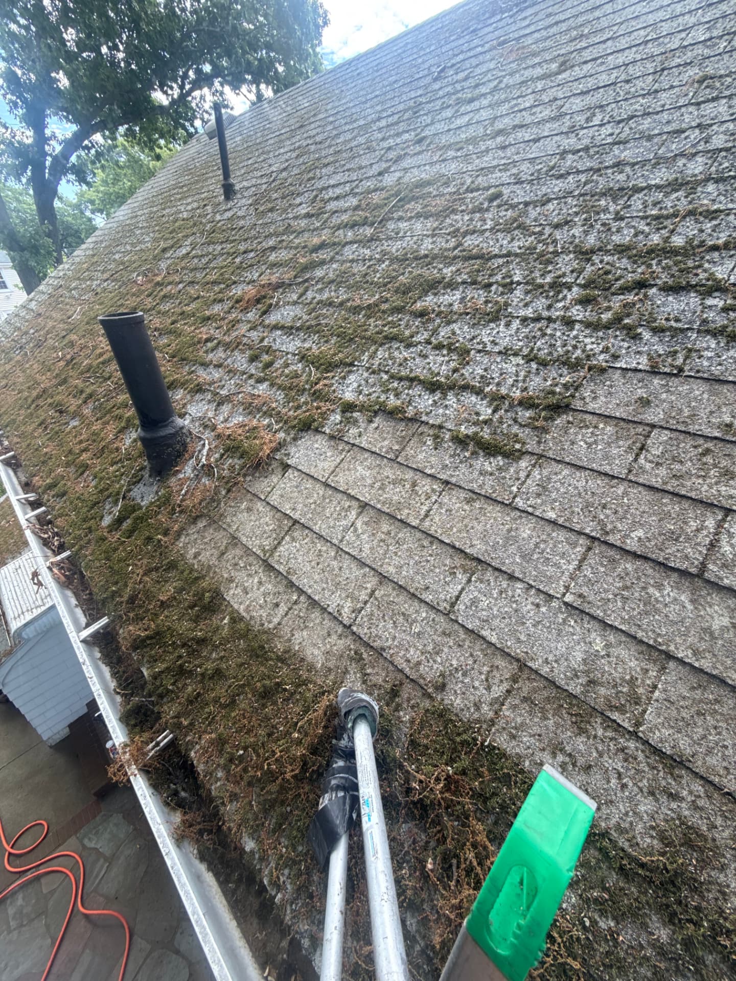 Roof with thick green moss clumps and a clogged gutter before washing